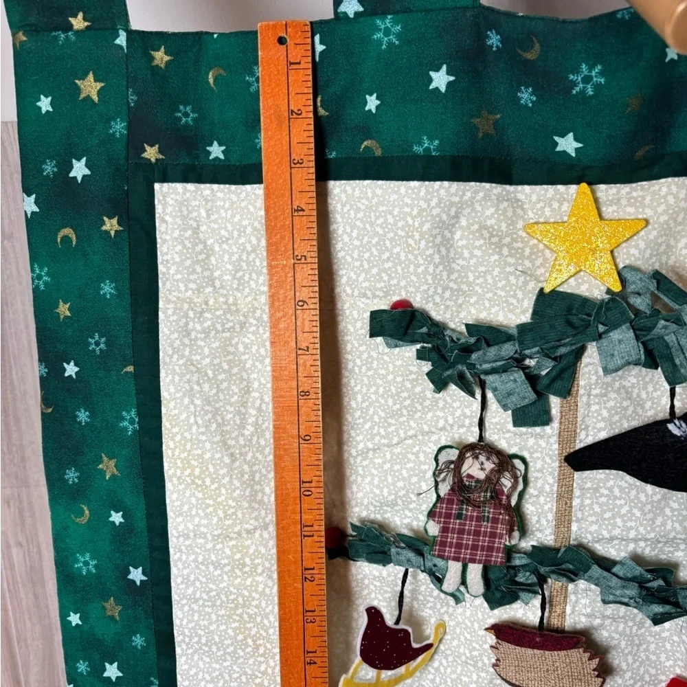 Festive Green and Cream Handmade Holiday Wall Hanging Quilt with Ornaments